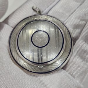 Antique Art deco Sterling silver 925 engraved round locket snuff box Navy blue enamel, mirror and gold overlay inside