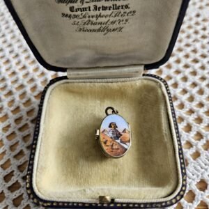 Antique BABY MOSES in basket Egyptian revival silver 800 with gold overlay charm locket sphinx and pyramid scene