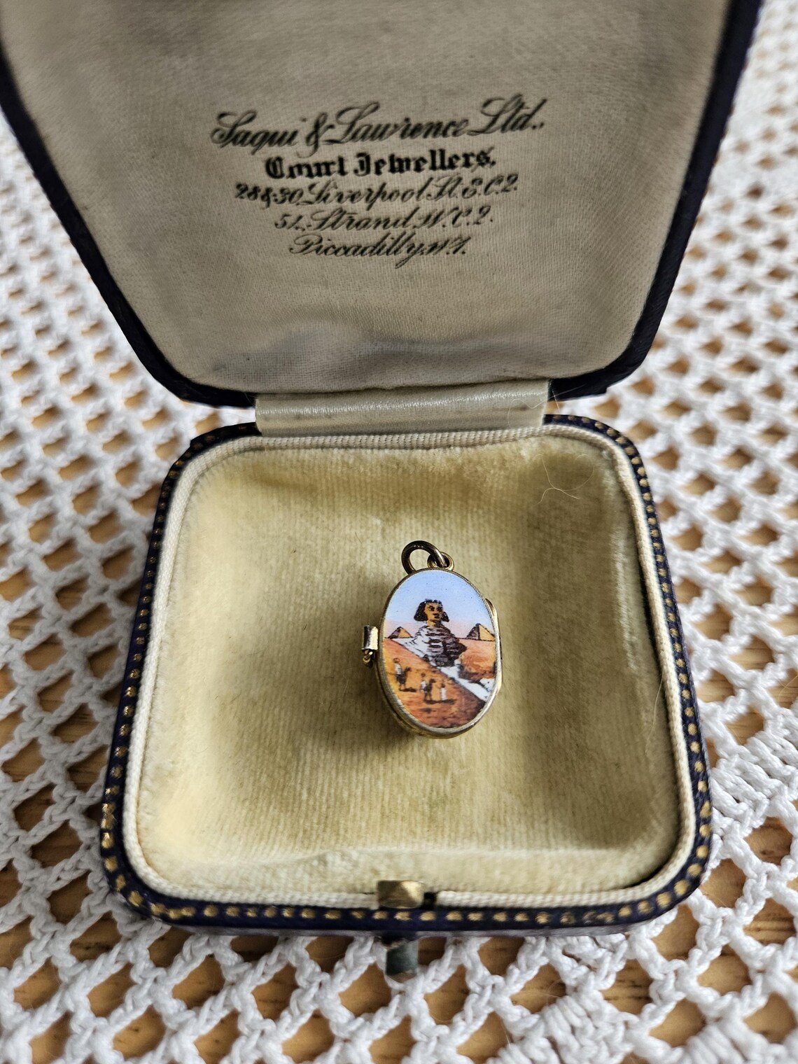 Antique BABY MOSES in basket Egyptian revival silver 800 with gold overlay charm locket sphinx and pyramid scene