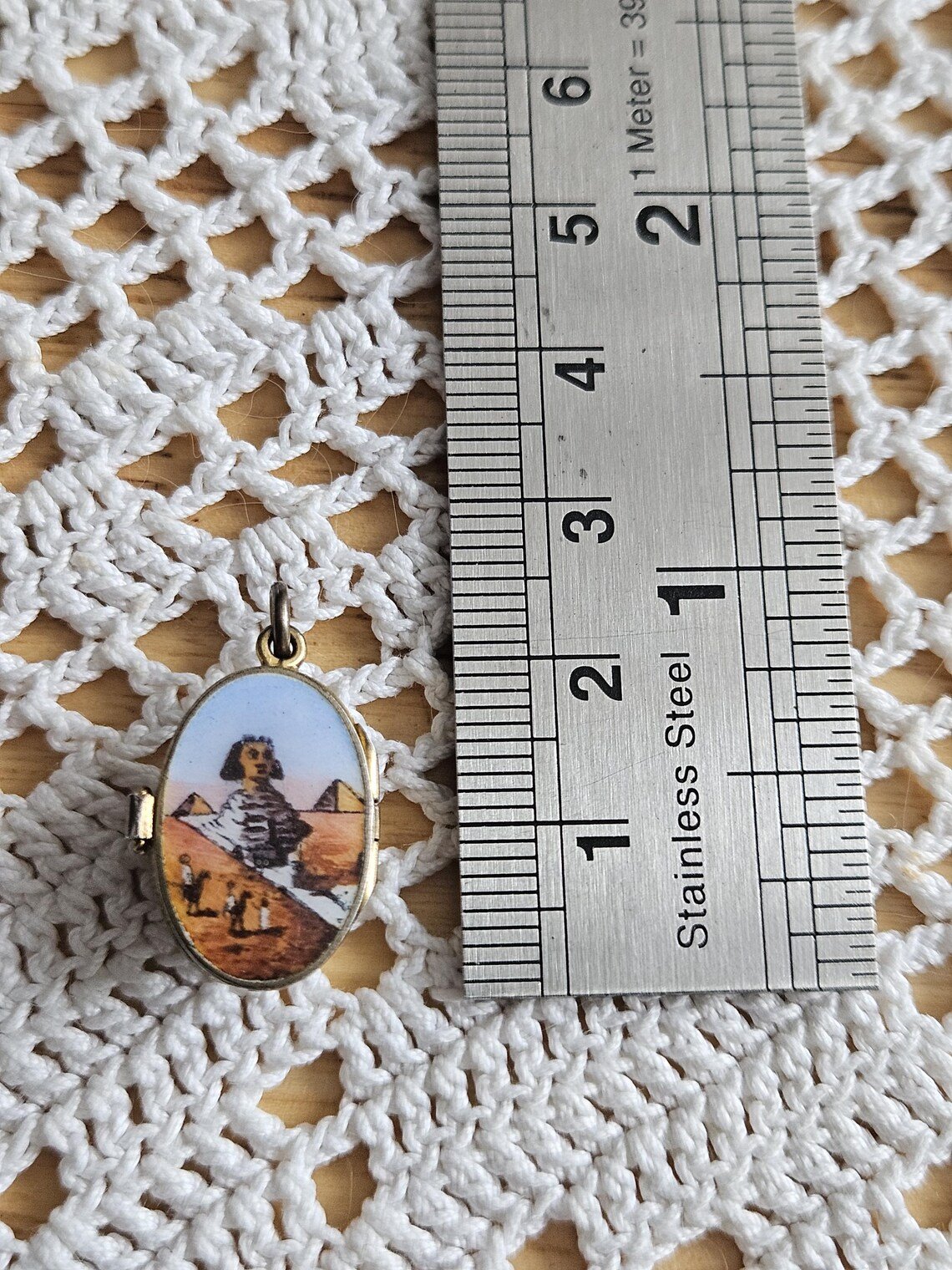 Antique BABY MOSES in basket Egyptian revival silver 800 with gold overlay charm locket sphinx and pyramid scene - Image 7