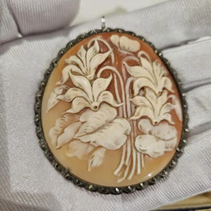 Antique Cameo Flowers Natural shell brooch silver 800 and marcasite Alpine violet cyclamen
