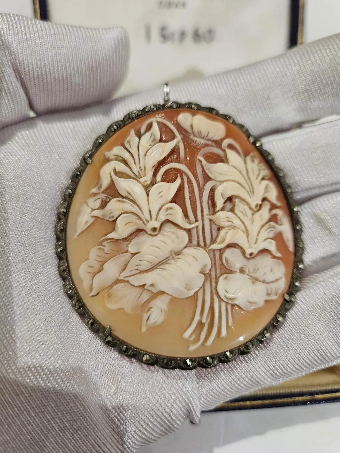 Antique Cameo Flowers Natural shell brooch silver 800 and marcasite Alpine violet cyclamen