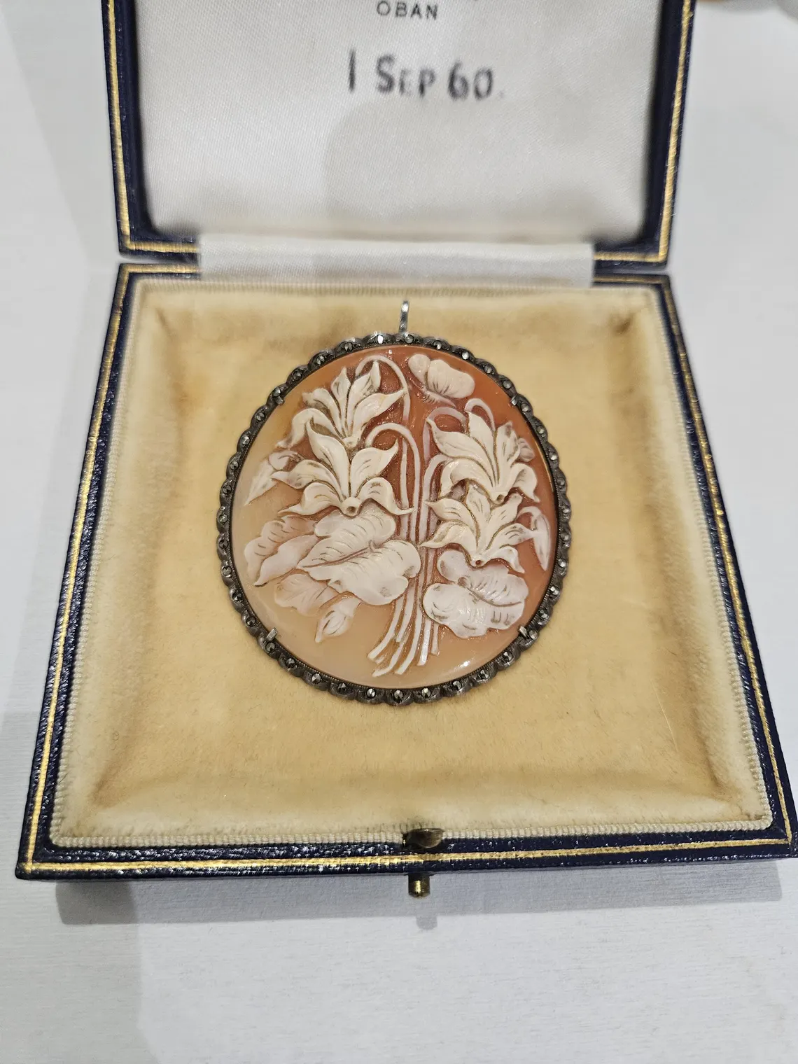 Antique Cameo Flowers Natural shell brooch silver 800 and marcasite Alpine violet cyclamen - Image 2