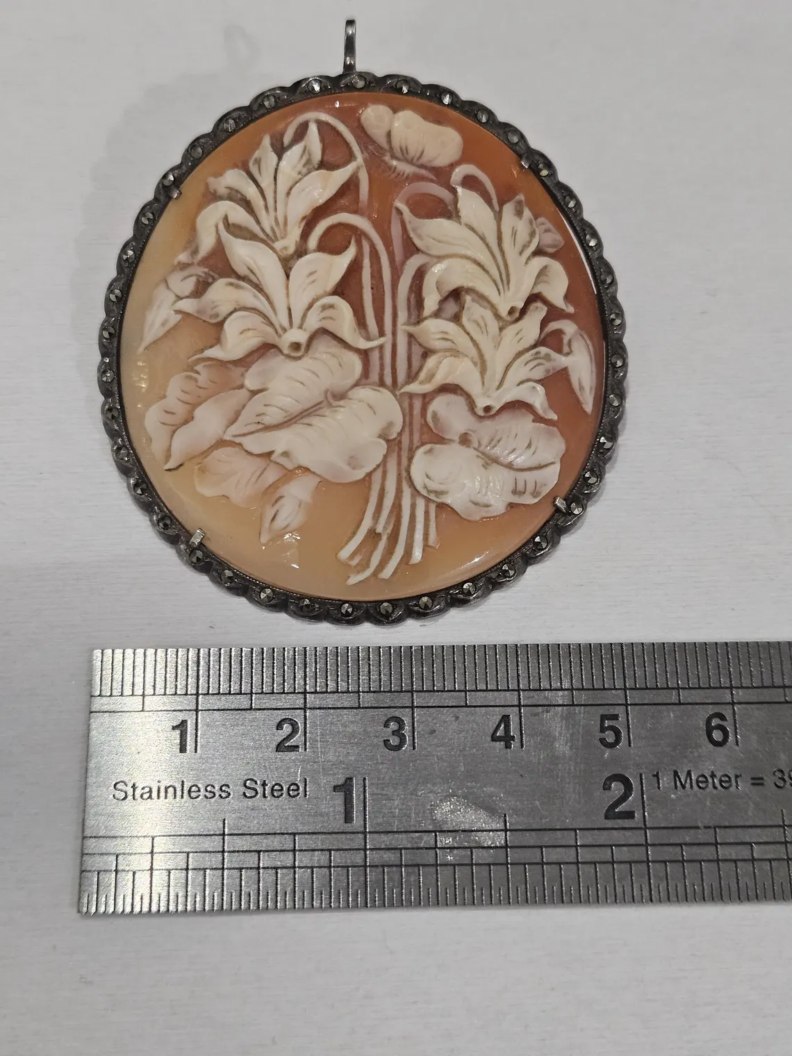 Antique Cameo Flowers Natural shell brooch silver 800 and marcasite Alpine violet cyclamen - Image 4