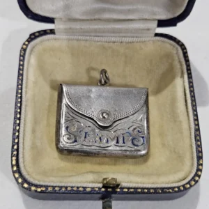 Antique Engraved Edwardian locket pendant Stamps envelope Sterling silver 925 hallmarked 1920