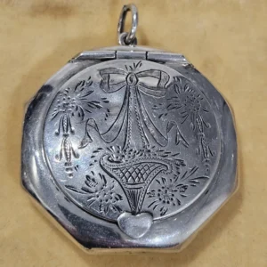 Antique Engraved hallmarked 1921 octagon locket snuff box pendant Sterling silver 925 with mirror