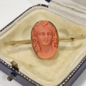 Antique Natural coral Cameo bacchante gilt over silver brooch