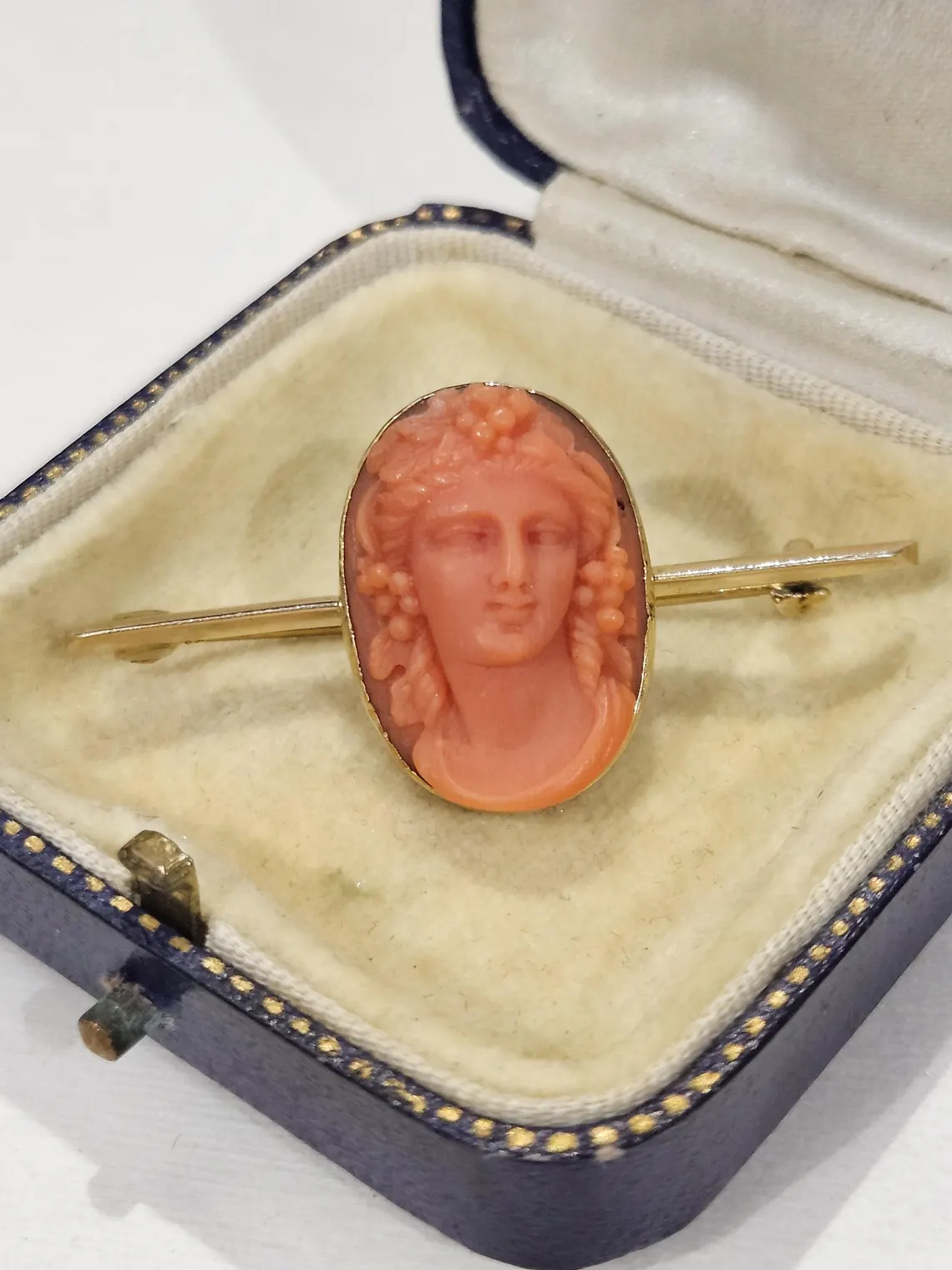 Antique Natural coral Cameo bacchante gilt over silver brooch