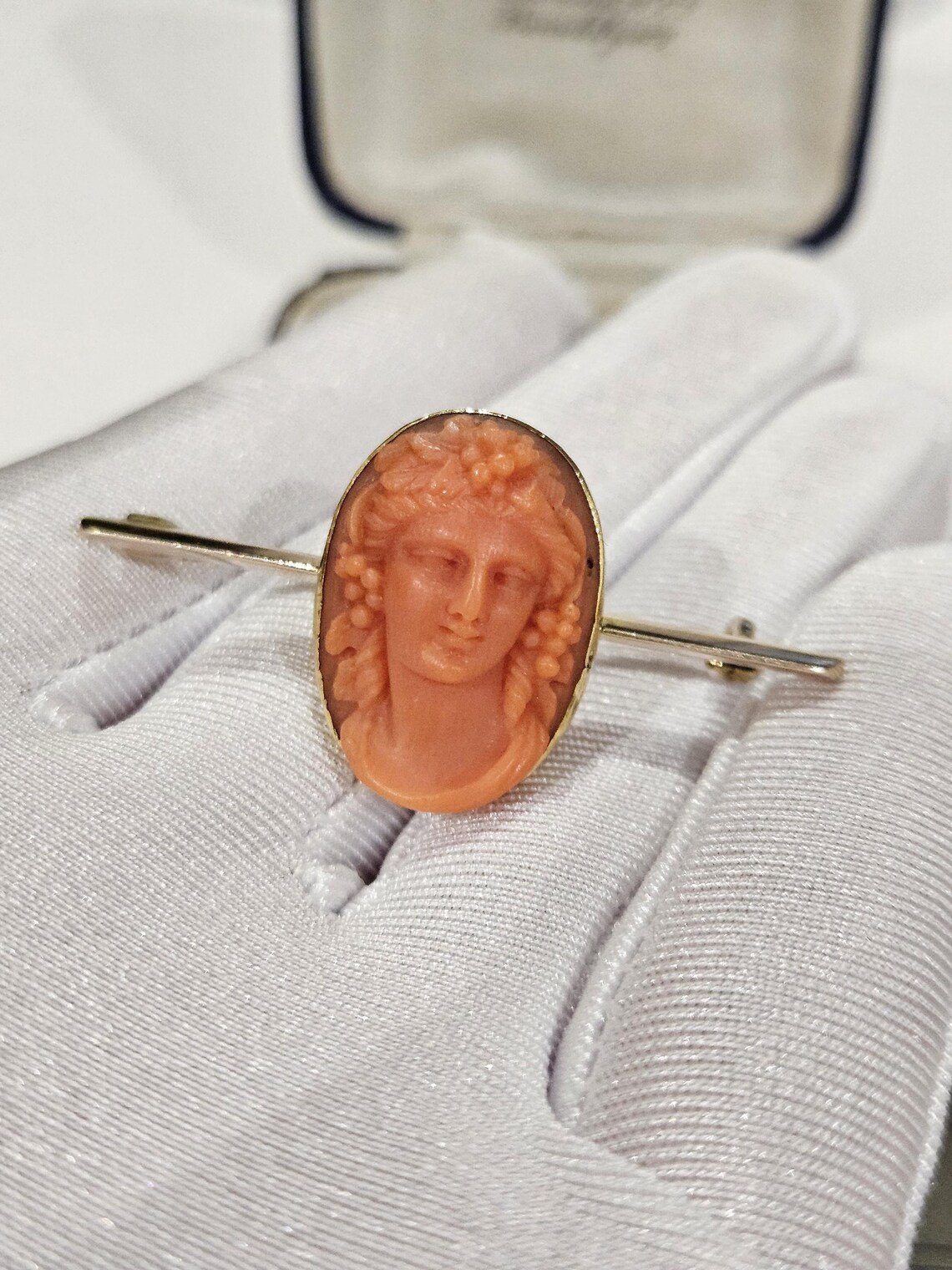 Antique Natural coral Cameo bacchante gilt over silver brooch - Image 6