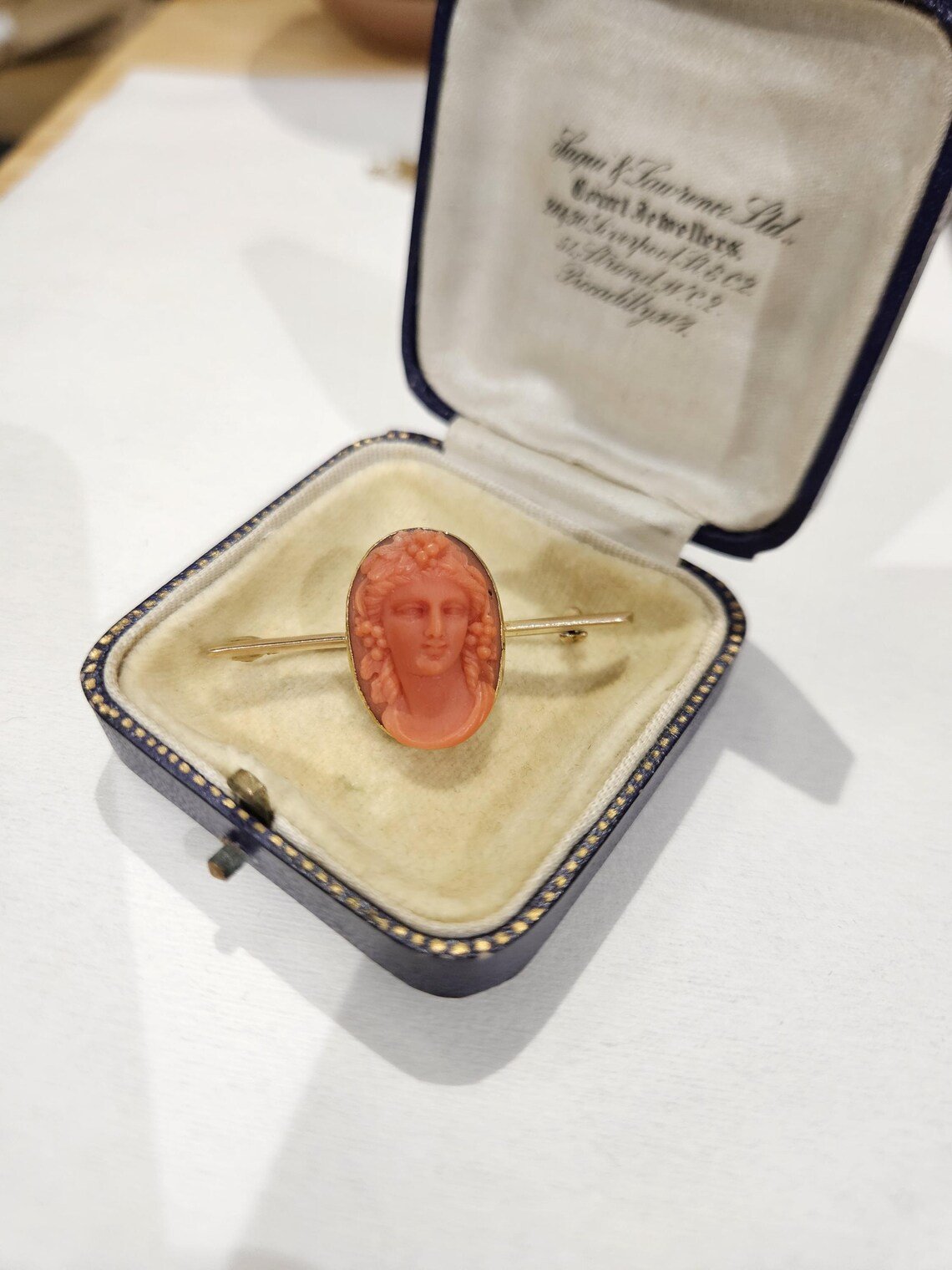 Antique Natural coral Cameo bacchante gilt over silver brooch - Image 8