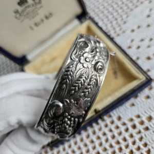 Antique Sterling silver 925 portugal marks harvest bangle Bracelet roses, grapes pears,wheat with safety chain