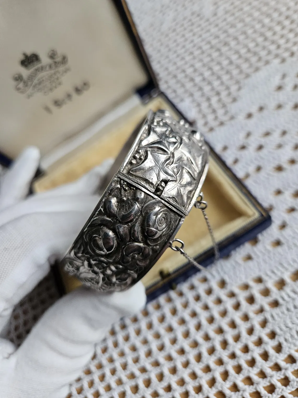 Antique Sterling silver 925 portugal marks harvest bangle Bracelet roses, grapes pears,wheat with safety chain - Image 2