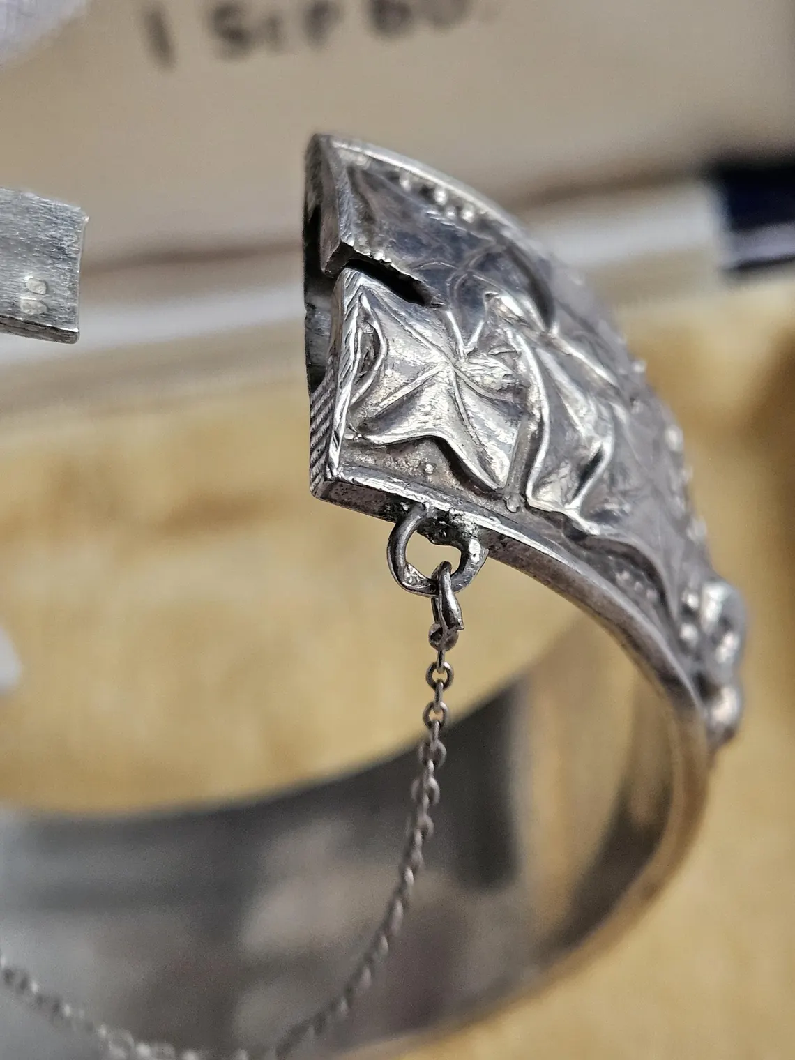 Antique Sterling silver 925 portugal marks harvest bangle Bracelet roses, grapes pears,wheat with safety chain - Image 7