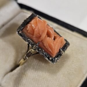 Old antique art deco Natural coral cameo ring rose carving, 14ct solid gold and silver sterling