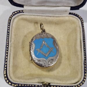 Antique Victorian Freemasons Masons square and compass rolled gold locket blue enamel