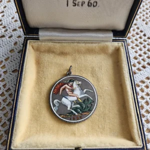 Antique Victorian enamel pendant Sterling silver 925 coin George and dragon 1896