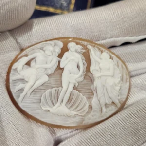 Old Antique carved shell cameo of Botticelli’s Birth of Venus cameo panel