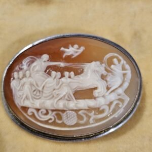 Old Antique natural shell Cameo silver brooch pendant goddess Aurora with the hours , chariot, Roman goddess