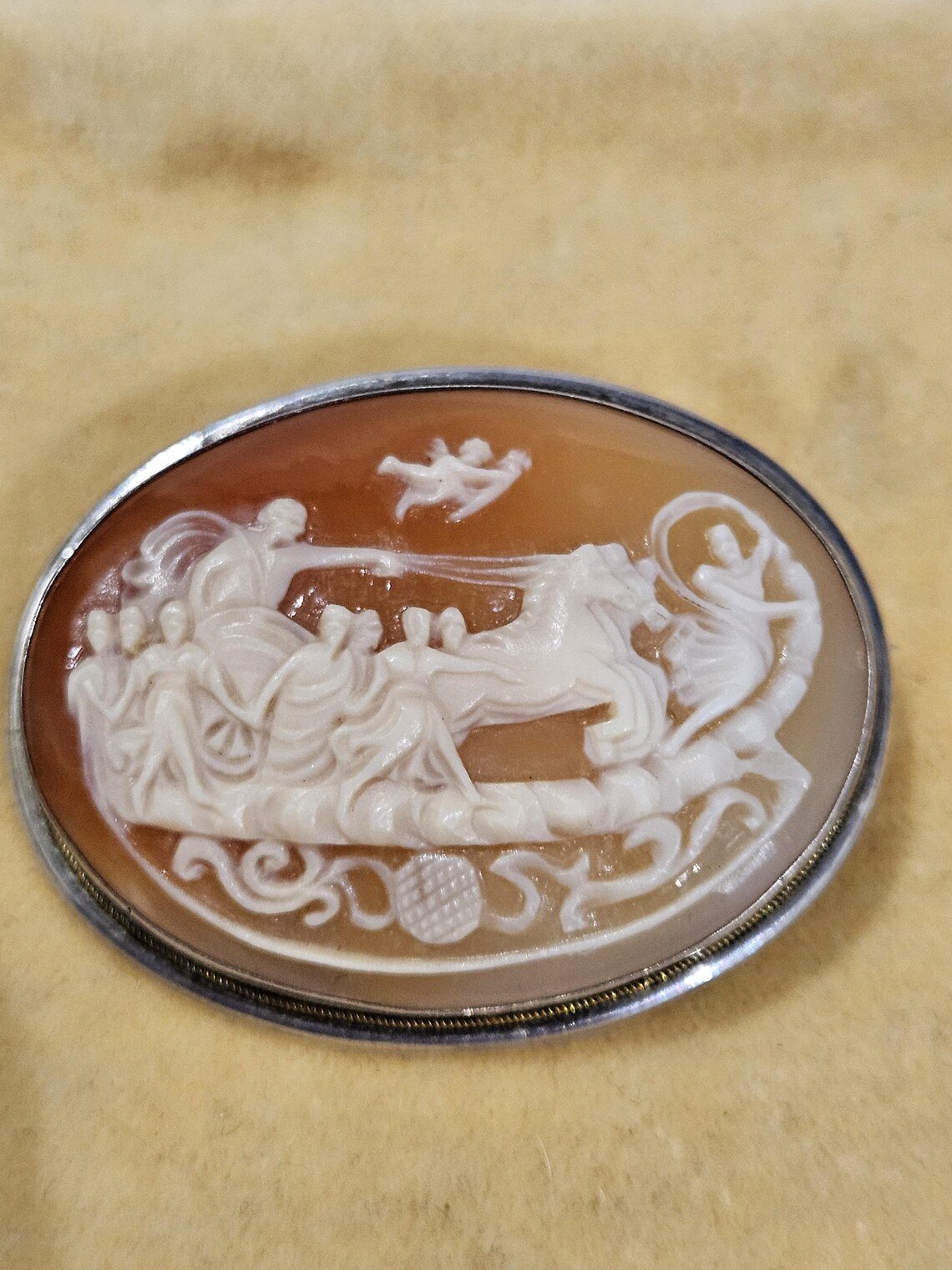 Old Antique natural shell Cameo silver brooch pendant goddess Aurora with the hours , chariot, Roman goddess
