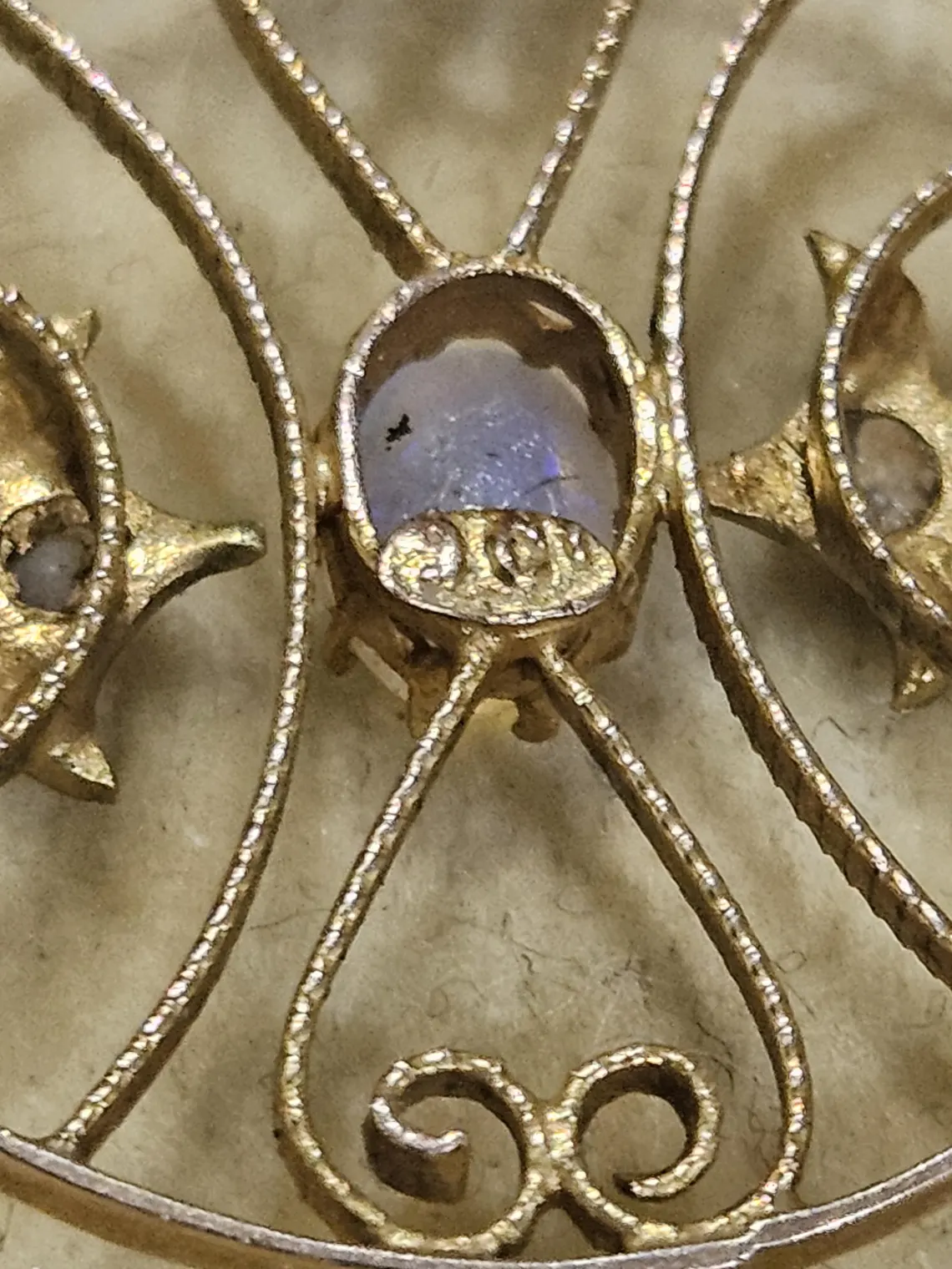 Unique antique lavalier round pendant natural pearls and Australian opal 9ct gold Edwardian era - Image 6