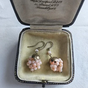 Vintage earrings hooks natural coral angel skin grapes wine, silver 800 with gold overlay