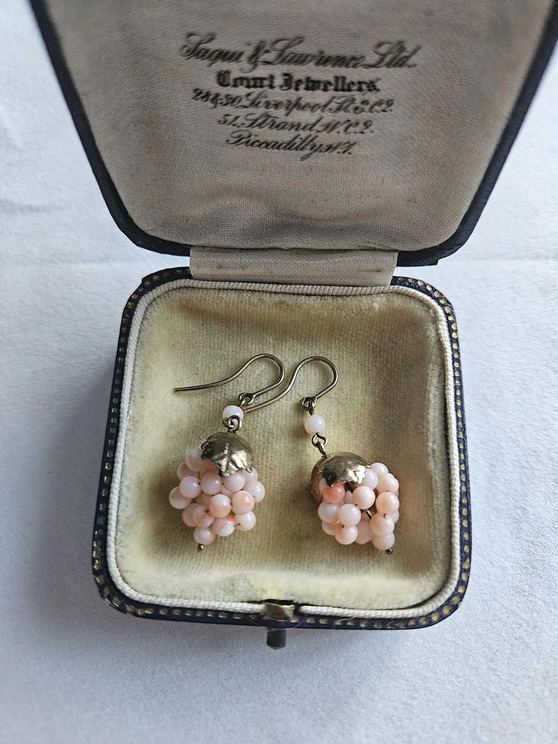 Vintage earrings hooks natural coral angel skin grapes wine, silver 800 with gold overlay