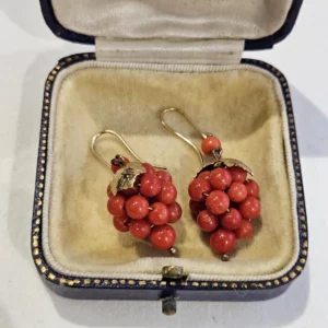 Vintage earrings hooks natural coral grapes wine, silver 800 with gold overlay